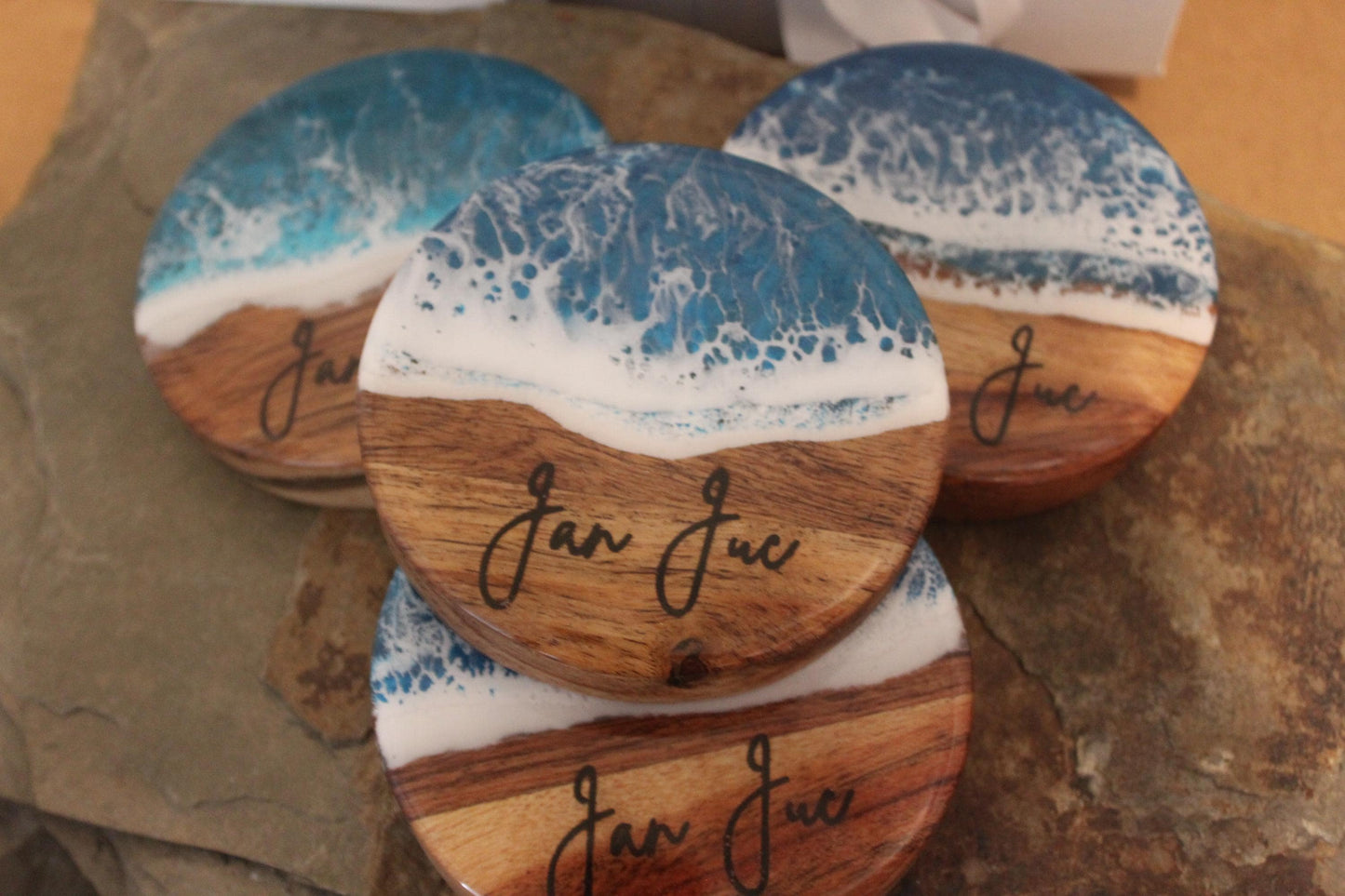 Personalised Wooden Ocean Resin Coasters ~ Hamptons Beach Waves ~ Handmade Beach Decor Gift ~ Birthday’s, Weddings, Mother's Day Present