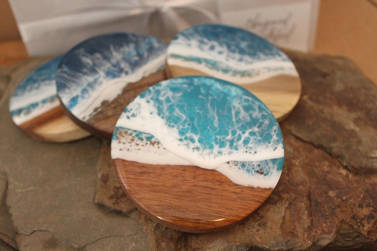 Personalised Wooden Ocean Resin Coasters ~ Hamptons Beach Waves ~ Handmade Beach Decor Gift ~ Birthday’s, Weddings, Mother's Day Present