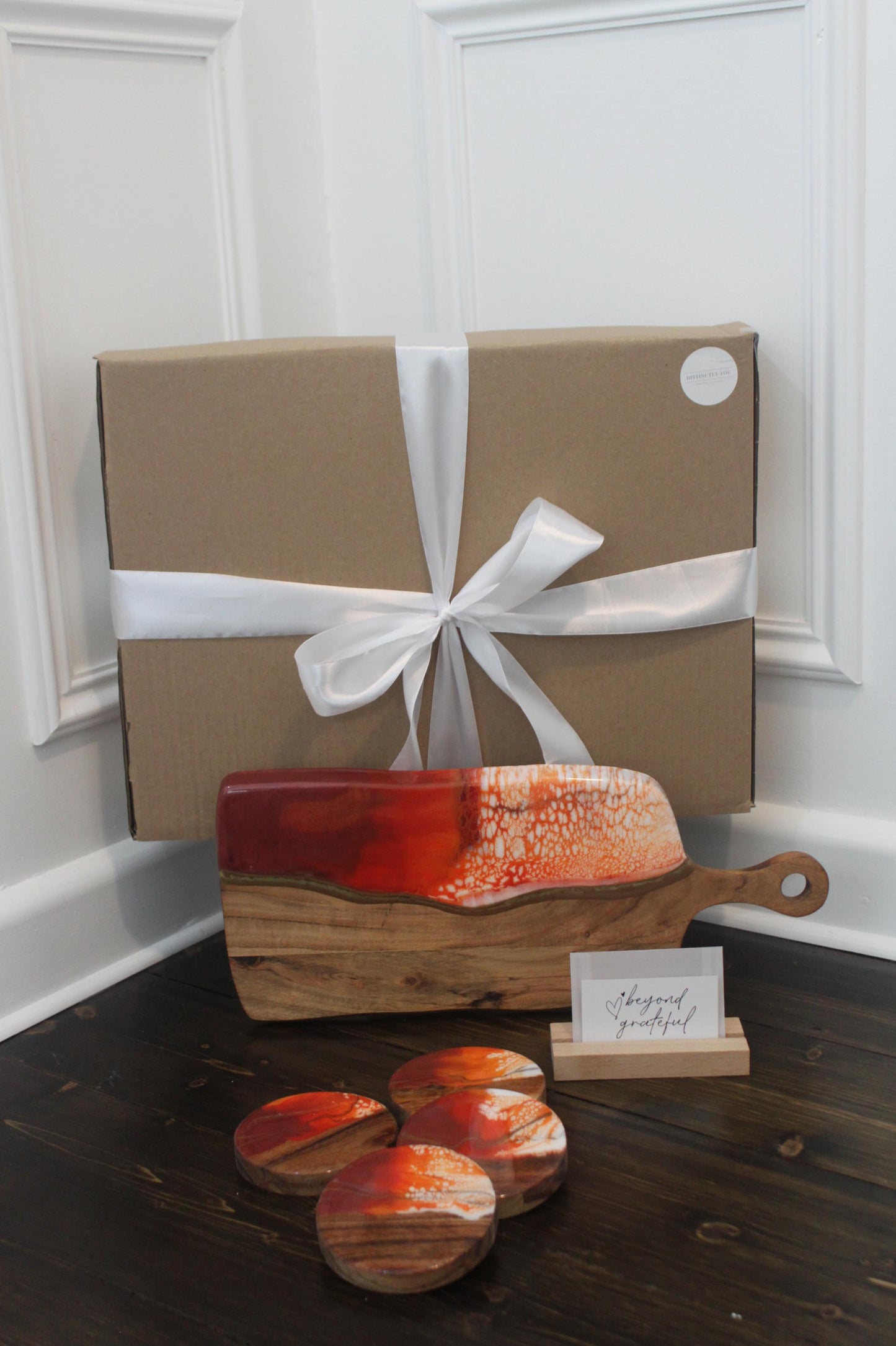 Personalised Set Red - Gold Wooden Coasters & Board ~ Handmade Decor ~ Perfect Customised Gift for Birthday’s, Weddings, Gift For Her