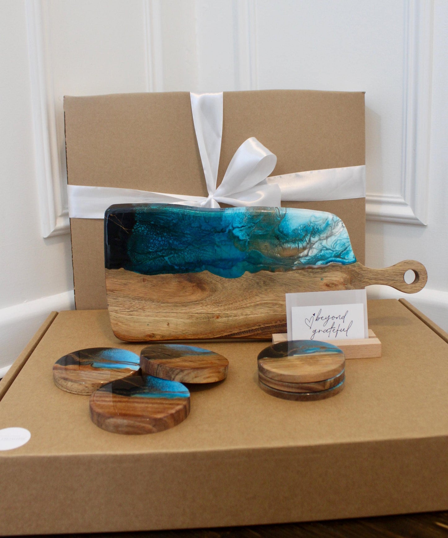 Personalised Set Blue Wooden Coasters & Board ~ Handmade Beach Decor ~ Perfect Customised Gift for Birthday’s, Weddings, Gift For Her