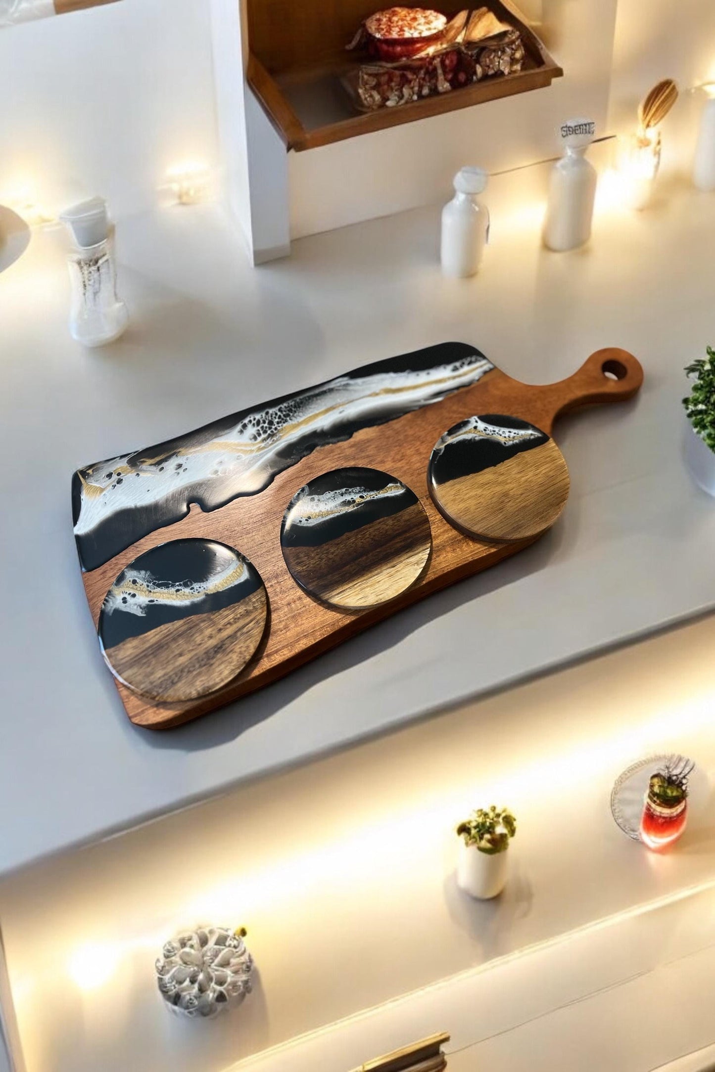 Black & Gold Resin Art Board, Serving Platter, Personalised Gift, Engraved Charcuterie Chopping Board. Gift For Her