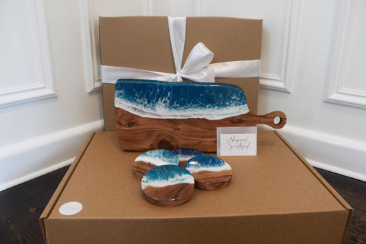 Personalised Set Blue Wooden Coasters & Board  ~ Handmade Beach Decor ~ Perfect Customised Gift for Birthday’s, Weddings, Gift For Her
