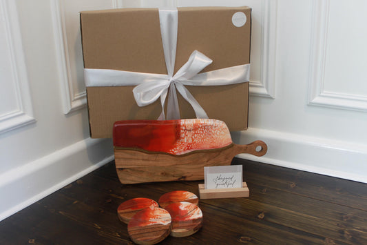 Personalised Set Red - Gold Wooden Coasters & Board  ~ Handmade Decor ~ Perfect Customised Gift for Birthday’s, Weddings,  Gift For Her